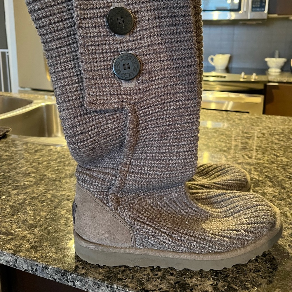 UGG Tall Knit Button Moccasin Boots in Taupe